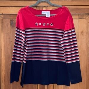 CAPACITY KNITS RED SILVER WHITE & BLUE STARS STRIPE TOP SZ. L